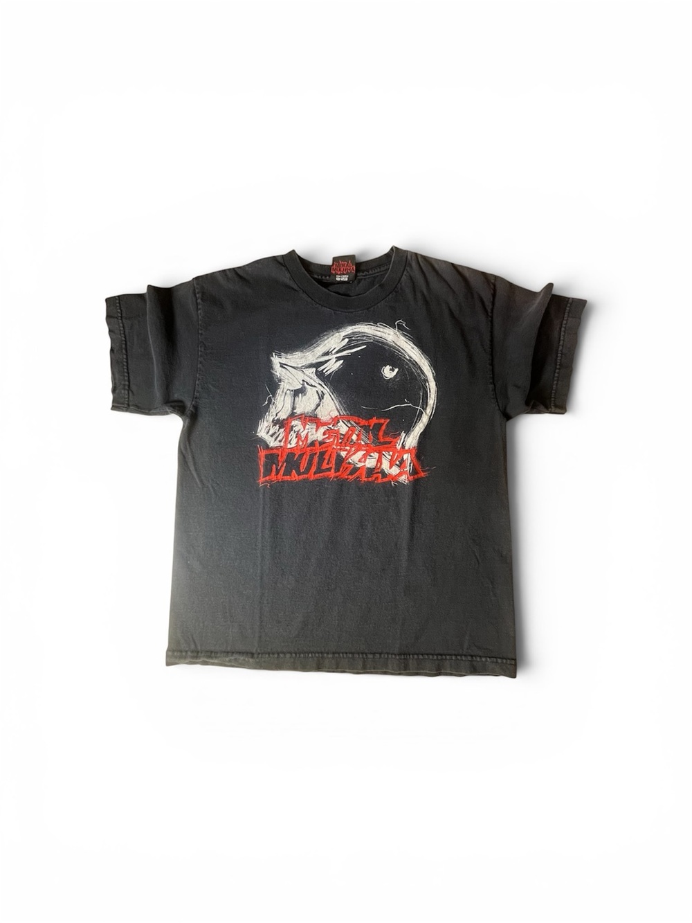 2000s Metal Mulisha Black Graphic Tee with White Skull and Red Text (M)
